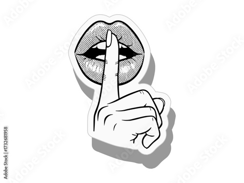 Halftone illustration of hand gesturing silence with finger on lips in black and white style. Clipart image.