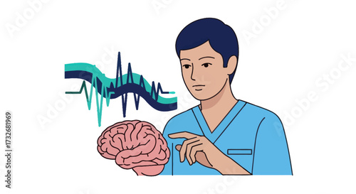 Medical professional examining a human brain and brainwave activity.