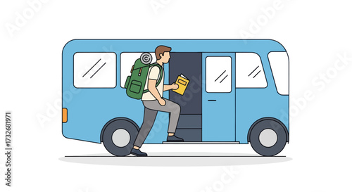 Young male traveler with a large backpack boarding a blue bus.