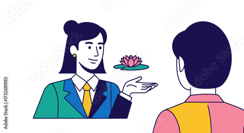 Businesswoman offering a lotus flower as a symbol of tranquility.