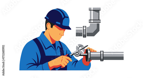 Vector illustration of a plumber working on a metal pipe.