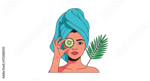 Woman with a towel on her head holding a cucumber slice.