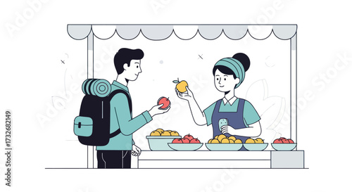 Man with backpack buying fresh fruit from a female vendor at a market stall.