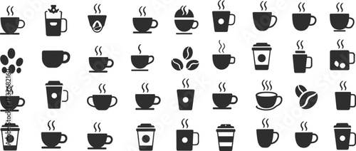 Coffee icon set, black and white line art, cup and bean illustrations, minimal vector design, café branding, beverage symbols, barista tools, hot drink