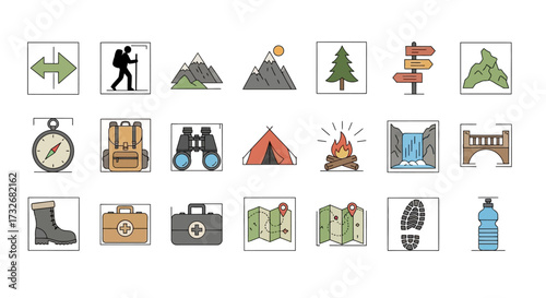 Camping and Hiking Icons Representing Outdoor Adventure and Exploration.