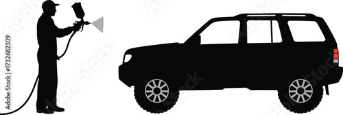 Automotive spray painting silhouette, SUV paint job, skilled worker, vehicle customization, car detailing, professional equipment, industrial process, repair