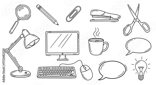 Doodle illustration of office elements and business tools, perfect for creative projects and designs