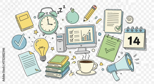 Doodle art illustration portraying productivity time management and goal setting for business
