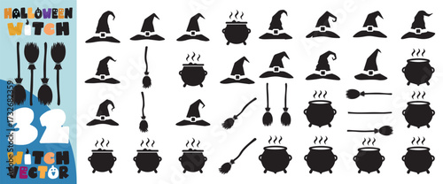 Collection of halloween silhouettes featuring witch hats cauldrons and brooms for festive decorations and designs