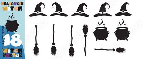 Collection of halloween icons featuring black witch hats cauldrons and broomsticks on a white background with graphic design elements