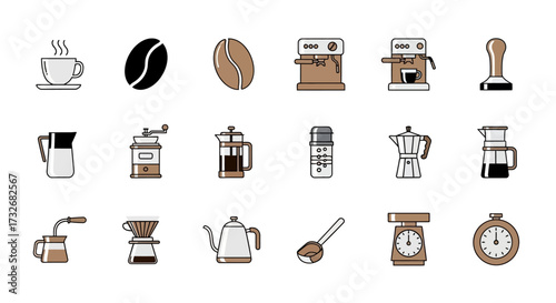 Coffee brewing equipment icons set for cafe and restaurant.