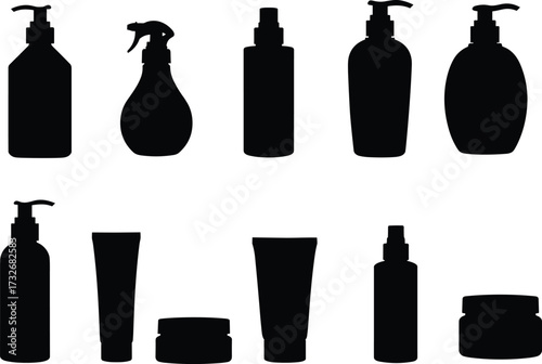 Vector illustration of cosmetic container bottle silhouettes including pump dispensers, spray bottles, tubes, and jars for beauty product packaging design.