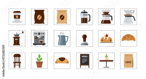 Coffee shop items and accessories for brewing and serving delicious coffee.