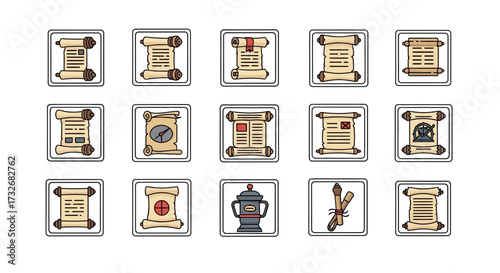 Collection of Ancient Scrolls and Artifacts in a Grid Pattern.