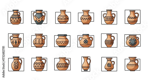 Collection of Ancient Pottery Vessels with Intricate Designs.