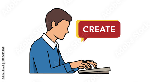 Illustration of a person typing on a keyboard with a create bubble.