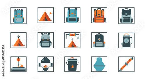 Collection of camping and hiking equipment illustrations.