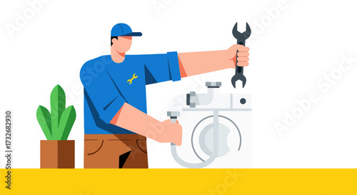 Professional handyman in uniform repairing a washing machine.