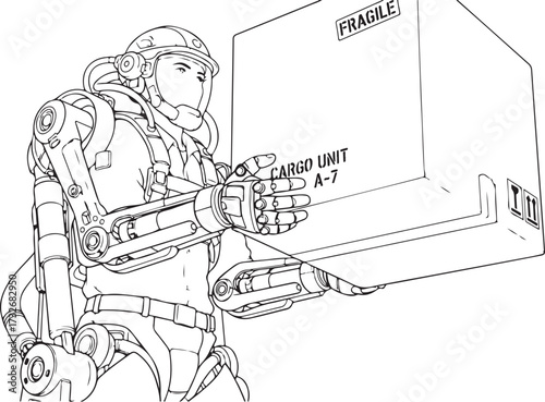 Futuristic Exoskeleton Figure Carrying a Fragile Cargo Box