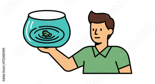 A young man holding a glass fishbowl with a frog.