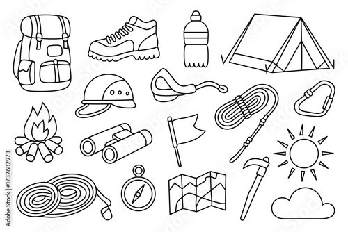 Camping and hiking equipment in line art featuring backpack boot water bottle tent and more outdoor essentials for adventure