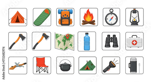 Collection of Camping and Outdoor Adventure Icons.