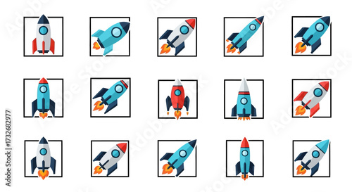 Collection of Cartoon Rockets Launching into Space.