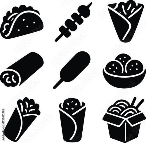 Set of nine black and white street food icons including taco, wrap, fries, skewer, and takeout box, ideal for menus