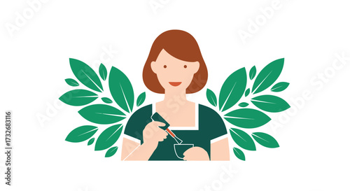 Illustration of a woman preparing a natural herbal remedy.