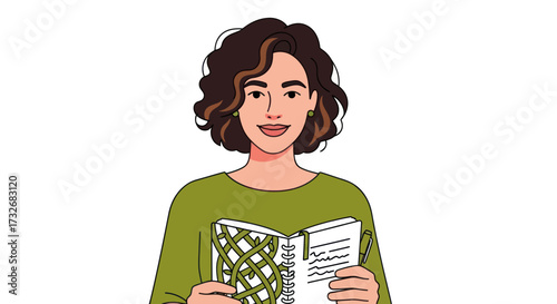 Smiling young woman with curly hair holding an open book.