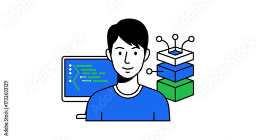 Male software developer coding with a technology stack diagram.