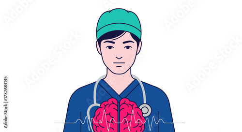 Illustration of a male doctor with a brain and heartbeat symbol.
