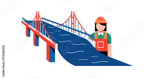 Female Civil Engineer with a Large Suspension Bridge Project.