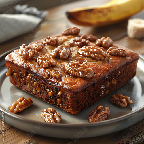 A square slice of walnut cake on a plate with a banana