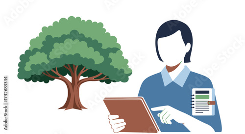 Arborist or tree surgeon using a tablet for inspection.