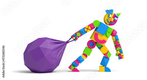 Colorful articulated papercraft figure pulling a heavy purple sack.