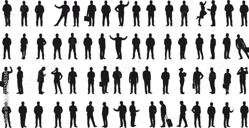 Human silhouette icons grid, diverse poses and gestures, walking, jumping, interaction, black contour, white background, minimal style, activity design