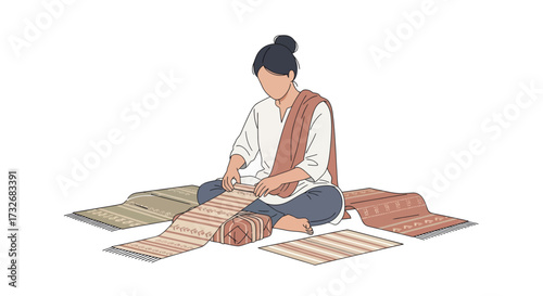 Hand drawn illustration of a woman weaving traditional mats.