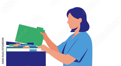 Woman organizing documents and files in an office cabinet.