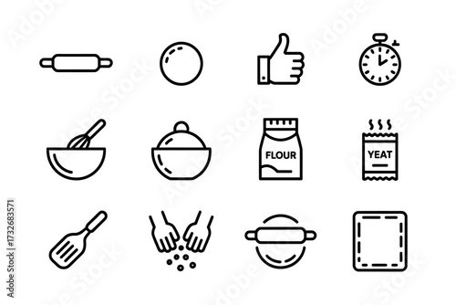 Baking Icons Set for Culinary Arts and Homemade Treats featuring Rolling Pin Flour Yeast and Timer