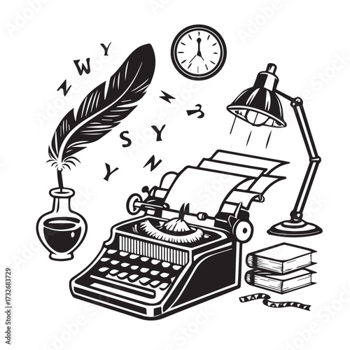 A vintage black and white illustration isolated on white background showcases a typewriter, quill, inkwell, lamp, clock, and books, evoking a sense of classic writing and literary atmosphere