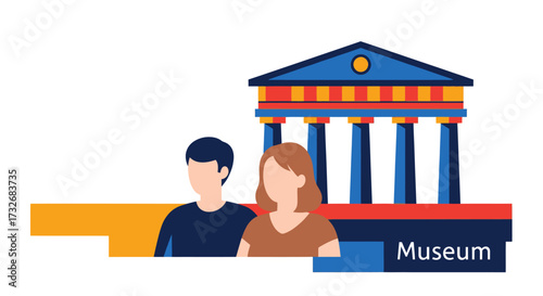 Vector illustration of a young couple visiting a museum.