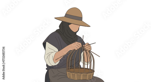 Illustration of a woman in a hijab and hat weaving a wicker basket.