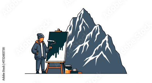 An artist in winter clothes painting a majestic mountain landscape.