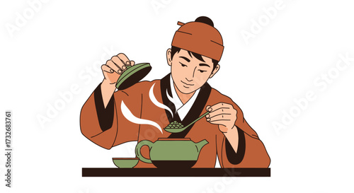 Ancient Chinese man preparing a traditional tea ceremony.
