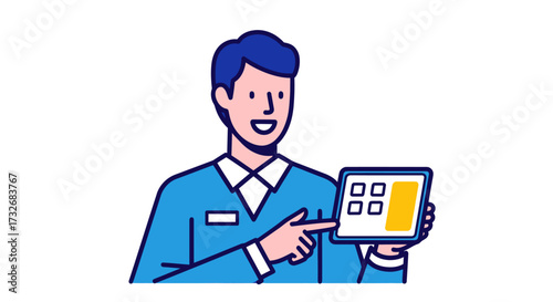 Young professional man pointing at a tablet screen display.