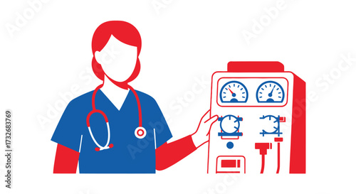 Female nurse in scrubs with a medical dialysis machine.