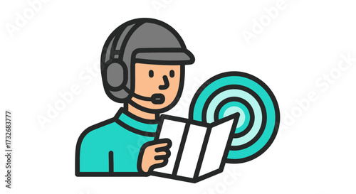 Mission planning icon with a person studying a map and target.