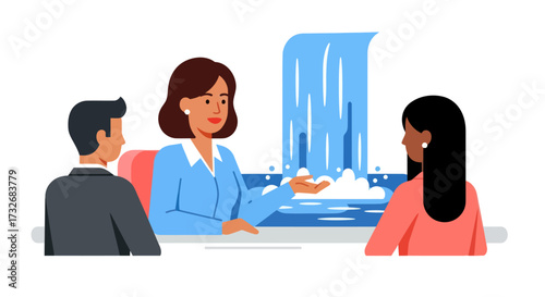 Businesswoman presenting a creative concept with a waterfall model to clients.