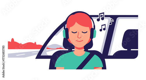 Calm person with headphones enjoying music during a car ride.